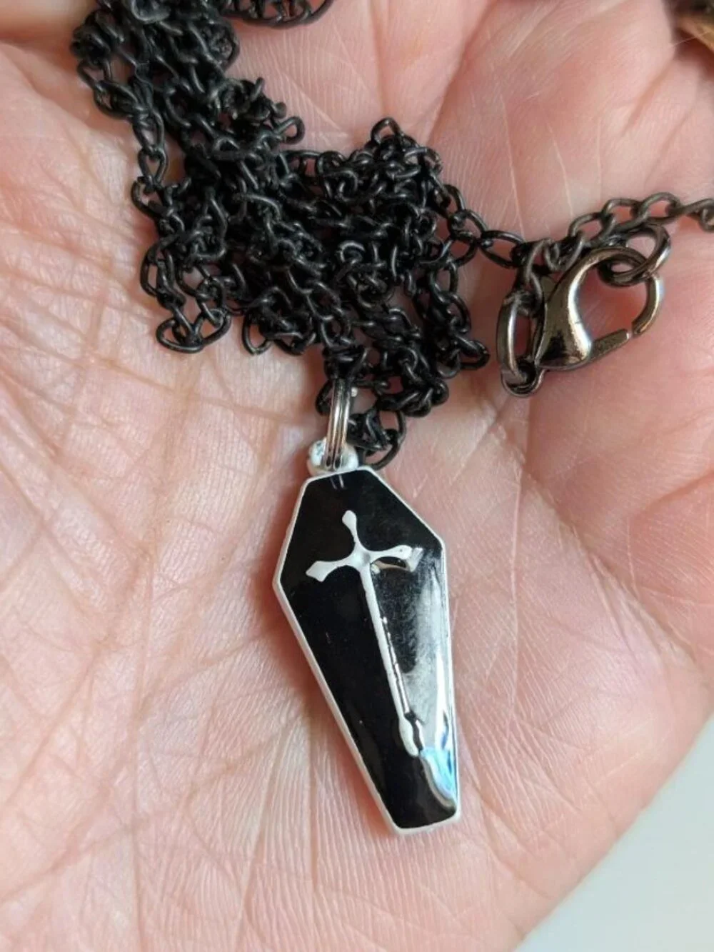 Vintage Halloween Enamel Black Gothic Coffin with a White Cross Pendant Necklace